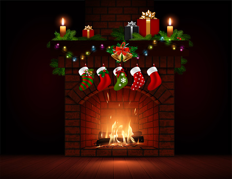 Burning fire in the fireplace. Firewood, coals, sparks, smoke. Transparency effect. Christmas decor. Very realistic illustration.