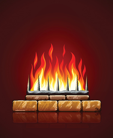 Burning flames of fire in brick stones fireplace vector