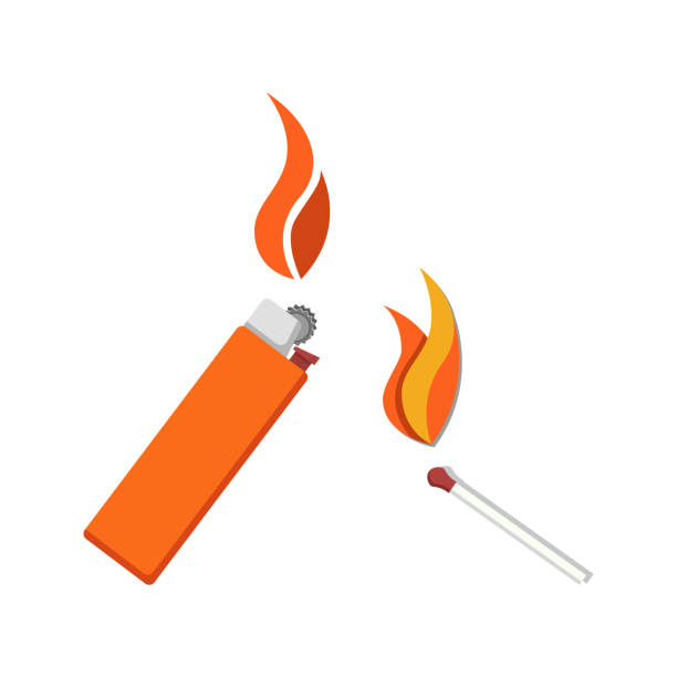 Burning Lighter and Match Icon Vector Illustration Burning lighter and match icon vector illustration isolated on white. Tools for starting fire. Small wooden stick and metal or plastic cigar-lighter cigarette lighter stock illustrations