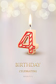 Burning number 4 birthday candle with birthday celebration text on light blurred background. Vector fourth birthday invitation template