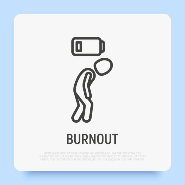 Burnout syndrome. Tired man with low battery, depression, fatigue. Thin line icon. Modern vector illustration. vector art illustration