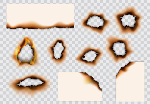 Burnt holes and edges of paper pages Burnt paper hole, page edges and corners. 3d vector with realistic fire flames, ashes and brown burns. Destroyed paper or parchment with cracked and dirty borders on transparent background hole stock illustrations