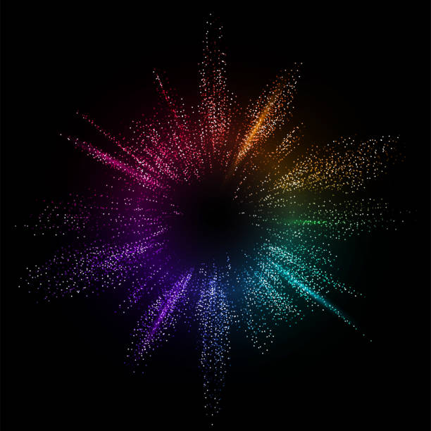버스트 컬러 벡터 배경입니다. 도트 액체 흐름 3d 디자인 그림입니다. 기하학적 동적 입자 폭발 개념 - 색상 묘사 stock illustrations