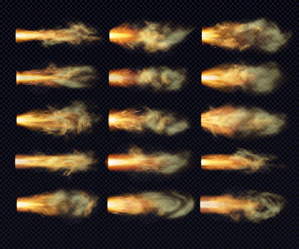 Burst of flame with smoke and particles bursts from the barrel of a firearm. Shot from a gun, pistol, automatic weapon, cannon. Set of several realistic design elements with a transparency effect. Vector. Burst of flame with smoke and particles bursts from the barrel of a firearm. Shot from a gun, pistol, automatic weapon, cannon. Set of several realistic design elements with a transparency effect. VectorEPS10 vapor trail stock illustrations