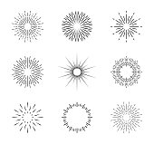 Burst of sun. Vintage sunburst with sparks. Circles with lines. Shine of star rays. Starburst icons and radial sunbeam. Light sunrise or sunset in linear style. Retro sunshine illustration. Vector.