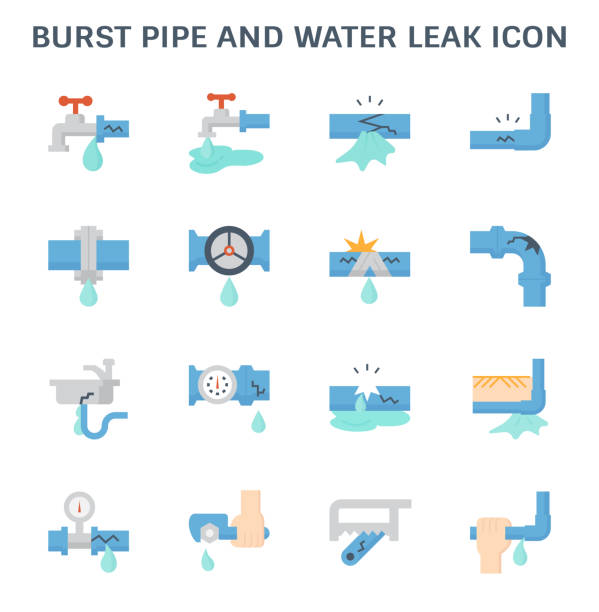 burst pipe icon Burst pipe and water leak icon set design for plumbing graphic design element. Burst Pipe stock illustrations