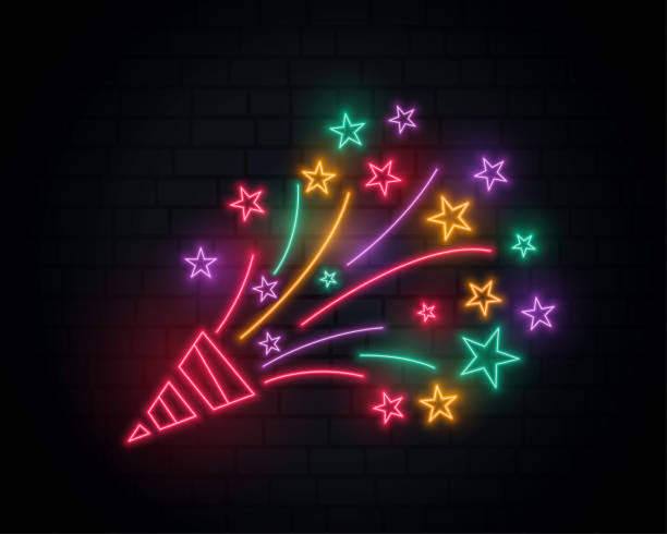 bursting neon confetti from cap celebration birthday design  neon lights stock illustrations