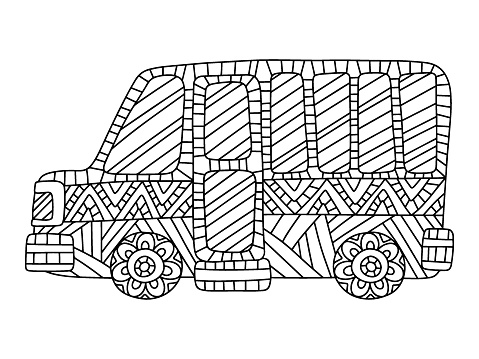 Bus ornament coloring page for kids and adults stock vector illustration