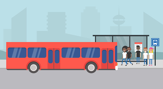 Bus station. Passengers waiting for a bus. Cityscape. Urban scene. Public transportation. Flat editable vector illustration, clip art