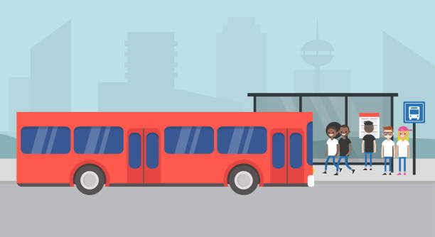 버스 역입니다. 버스를 기다리는 승객. 도시 풍경입니다. 도시 장면입니다. 대 중 교통입니다. 평면 편집 가능한 벡터 일러스트 레이 션, 클립 아트 - 버스 stock illustrations