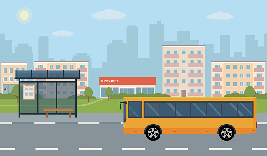 Bus stop and bus on city background.