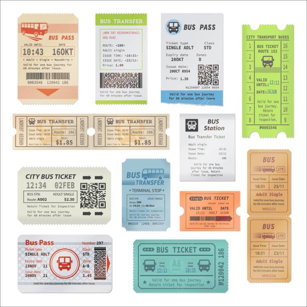 버스 티켓, 도시 여행 또는 투어 패스 문서 - 구멍 뚫기 일러스트 stock illustrations