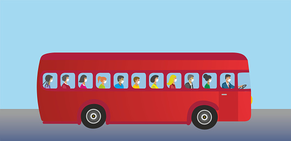 Bus with mixed people with mout guards. Vector illustration.