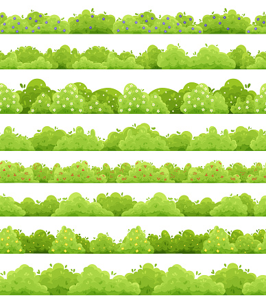 Bush horizontal pattern. Seamless print with with cartoon green hedge and shrubs. Vector texture