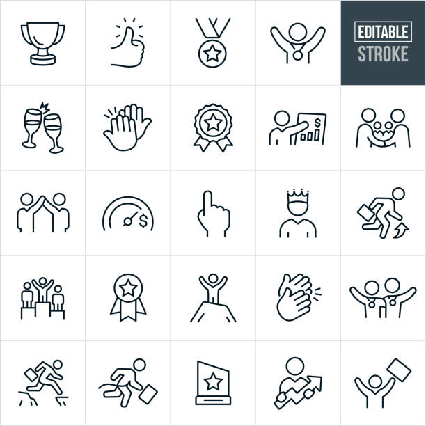 Business Achievement Thin Line Icons - Editable Stroke A set of business achievement icons that include editable strokes or outlines using the EPS vector file. The icons include a trophy, thumbs up, medal, person with medal around neck, toast, high five, ribbon award, business success, handshake, business people with arms raised in success, goal meter, number one hand gesture, business person with crown, business person moving up, business person atop a winners podium, business person with arms raised on top of a mountain, hands clapping, business person jumping cliff gap, business person crossing finish line, business award and a business person holding an upwards arrow to name a few. award icon stock illustrations
