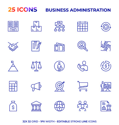 Business Administration Vector Style Editable Stroke Line Icon Set