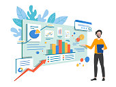 Investment and virtual finance. Communication and contemporary marketing. Business analysis concept. Infographic for web banner, hero images. Flat isometric vector illustration.