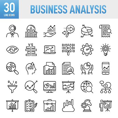 Business Analysis Line Icons. Set of vector creativity icons. 64x64 Pixel Perfect. For Mobile and Web. Idea generation preparation inspiration influence originality, concentration challenge launch. Contains such icons as Analyzing, Data, Big Data, Research, Examining, Chart, Diagram, Expertise, Planning, Advice