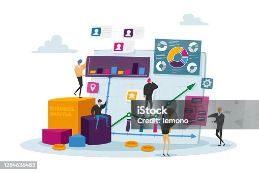 istock Business Analysis, Tiny Characters at Huge Monitor with Charts. Managers Analyze Information Analysing Graphs on Monitor 1284636483