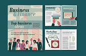 Vector illustration of a Business and Finance illustrations within a magazine publication design template layout. Includes cover design with placement copy, inside pages with graphics and sample text, including pie charts and line graphs. And sample back page. Includes high resolution jpg and editable Illustrator eps 10.
