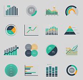 Business data market elements dot bar pie charts diagrams and graphs flat icons set isolated vector illustration.