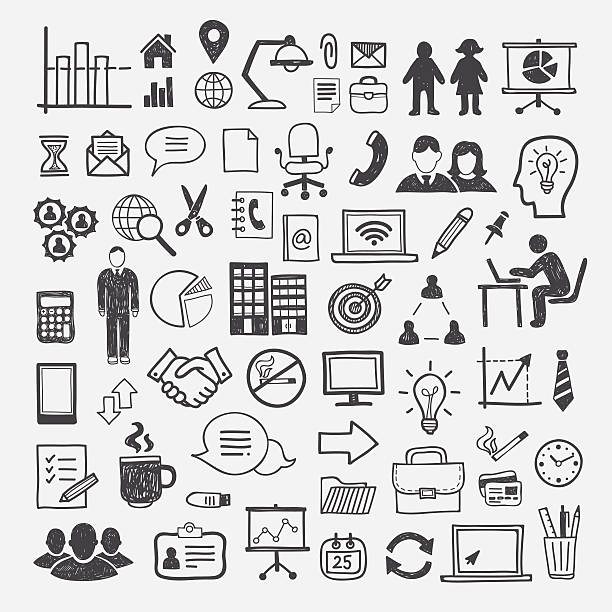 Business and office icons: people, computer, digital, infographics elements Business and office icons: people, computer, digital, office equipment, team, strategy, design infographics elements office drawings stock illustrations
