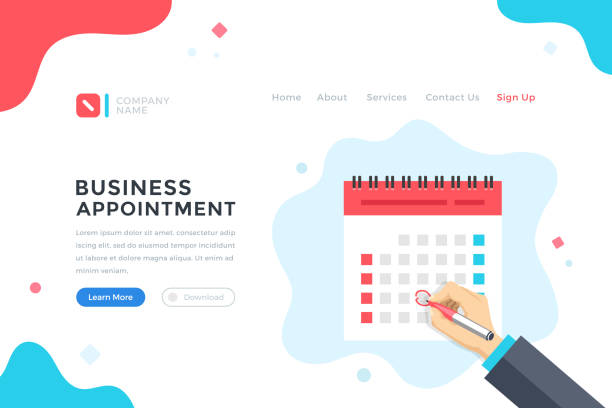 Business appointment. Meeting, schedule, event concept. Human hand mark the date on calendar. Modern flat design graphic elements for web banner, landing page template, website. Vector illustration  arrival departure board stock illustrations