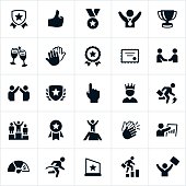Recognition icons related to business. The icons include trophies, awards, achievements, recognition, winning and being on top of the business world.