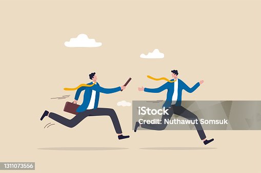 istock Business baton pass, relay, job handover or partnership and teamwork to help winning business concept, businessmen colleagues partner passing baton while running at full speed to achieve success. 1311073556