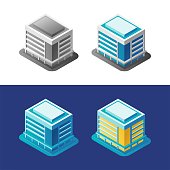 Isometric view at exterior of a modern building, represented in different color variations.