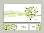 Business card collection, abstract floral tree design. Vector illustration