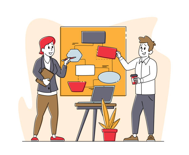 Business Characters Communicate at Board Meeting Discuss Idea in Office. Team Project Development Teamwork Process Business Characters Communicate at Board Meeting Discuss Idea in Office. Team Project Development Teamwork Process. Employee Brainstorm Work Together Search Solution. Linear People Vector Illustration entrepreneur designs stock illustrations