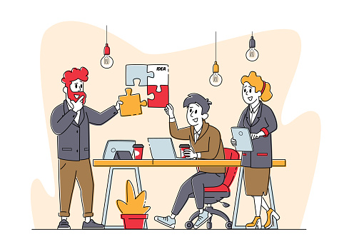 Business Characters Group Work Together Set Up Colorful Separated Puzzle Pieces. Businesspeople Teamwork, Office Employees Cooperation, Collective Work, Partnership. Linear People Vector Illustration