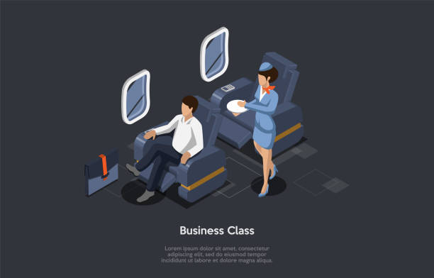 비즈니스 클래스 항공 개념. 남성 승객은 비행기의 편안한 비즈니스 클래스 좌석에 앉아있습니다. 스튜어디스는 점심을 가져온다. 회색 배경에 다채로운 3d 등색 벡터 일러스트레이션 - business travel stock illustrations