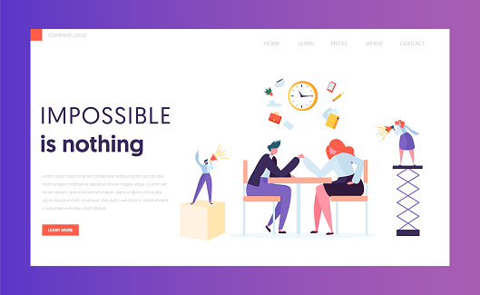 Business Competition Concept Landing Page. Worker Gender Challenge. Male and Female Character in Suit Armwrestling at Office Desk Website or Web Page. Flat Cartoon Vector Illustration