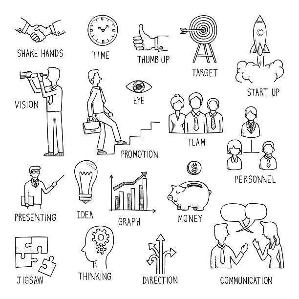 Business concept drawing Sketching of hand writing in business concept, doodle, drawing, vector illustration. teamwork drawings stock illustrations