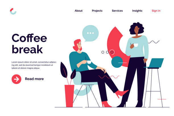 Business concept flat style outline vector illustration on the subject of coffee break and communication. Editable stroke vector art illustration
