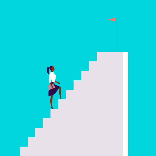 Business concept illustration with business lady  walking up the stairs with flag on it isolated on blue background. Business concept illustration with business lady  walking up the stairs with flag on it isolated on blue background. Career, aspiration, reaching aim, motivation, growth, leadership - metaphor. recruitment clipart stock illustrations