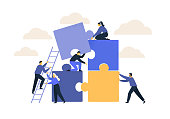 istock Business concept. Team metaphor. people connecting puzzle elements. Vector illustration flat design style. Symbol of teamwork, cooperation, partnership. 1255035396