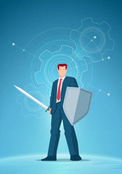 Business concept vector illustration Business concept illustration. Businessman holding a sword and shield. Gear drawings on background. Elements are layered separately in vector file. warrior person stock illustrations