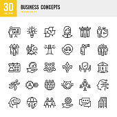 Set of 30 Business Concepts line vector icons. Office Building, Happy group of peoples, Bank, Winner, Support Success, Target, Management, Process and so on