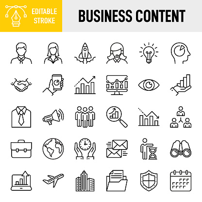 Business Concepts - Thin line vector icon set. 30 linear icon. Pixel perfect. Editable stroke. For Mobile and Web. The set contains icons: Businessman, Businesswoman, Career, Business Person, Group Of People, Teamwork, Skill, vision, innovation