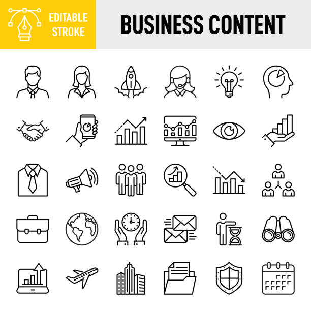 Business Concepts - Thin line vector icon set. Pixel perfect. Editable stroke. For Mobile and Web. The set contains icons: Businessman, Businesswoman, Career, Business Person, Group Of People, Teamwork, Skill, vision, innovation Business Concepts - Thin line vector icon set. 30 linear icon. Pixel perfect. Editable stroke. For Mobile and Web. The set contains icons: Businessman, Businesswoman, Career, Business Person, Group Of People, Teamwork, Skill, vision, innovation business stock illustrations