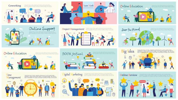 Business concepts Vector illustrations of the office concept business people in the flat style. Save the planet, online education, project management, book festival, digital marketing and mobile business concept ecosystem stock illustrations