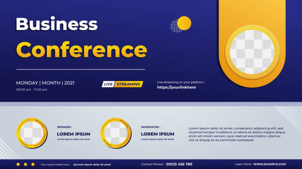 Business conference banner template for website with three circle frame and blue gradient geometric background vector art illustration