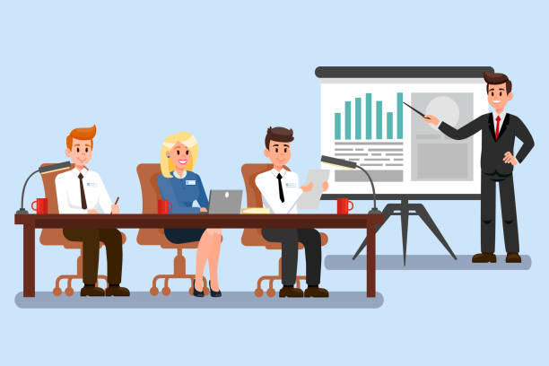 Business Conference Color Vector Illustration Business Conference Vector Illustration. Board of Directors Discussing Startup Project. Job Interview. Selection Commitee. Sales Presentation. Financial Advisor Analysing Market Cartoon Character board of directors stock illustrations