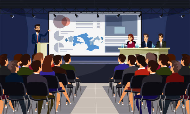 Business conference flat vector illustration Business conference flat vector illustration. Speaker on stage and audience cartoon characters. Scientific presentation, academic symposium, professional briefing. University lecture, college faculty presentation speech backgrounds stock illustrations
