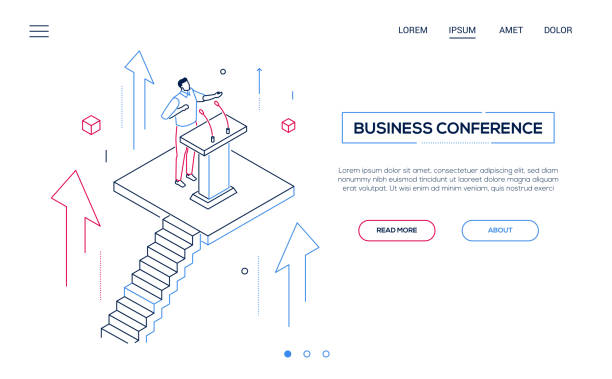 Business conference - line design style isometric web banner Business conference - line design style isometric web banner on white background with copy space for text. A header with a man, manager, politician giving a speech at the lectern, public performance presentation speech backgrounds stock illustrations
