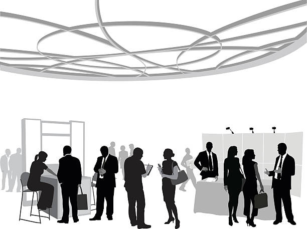Business Conference Team Silhouette illustration of business people at a conference.  Some are talking, exchanging notes, standing at a booth and some are just walking around.  The men are wearing business suits. marketing silhouettes stock illustrations