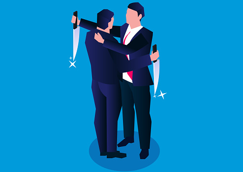 Business conspiracy and business betrayal, isometric two businessmen holding daggers and hugging each other